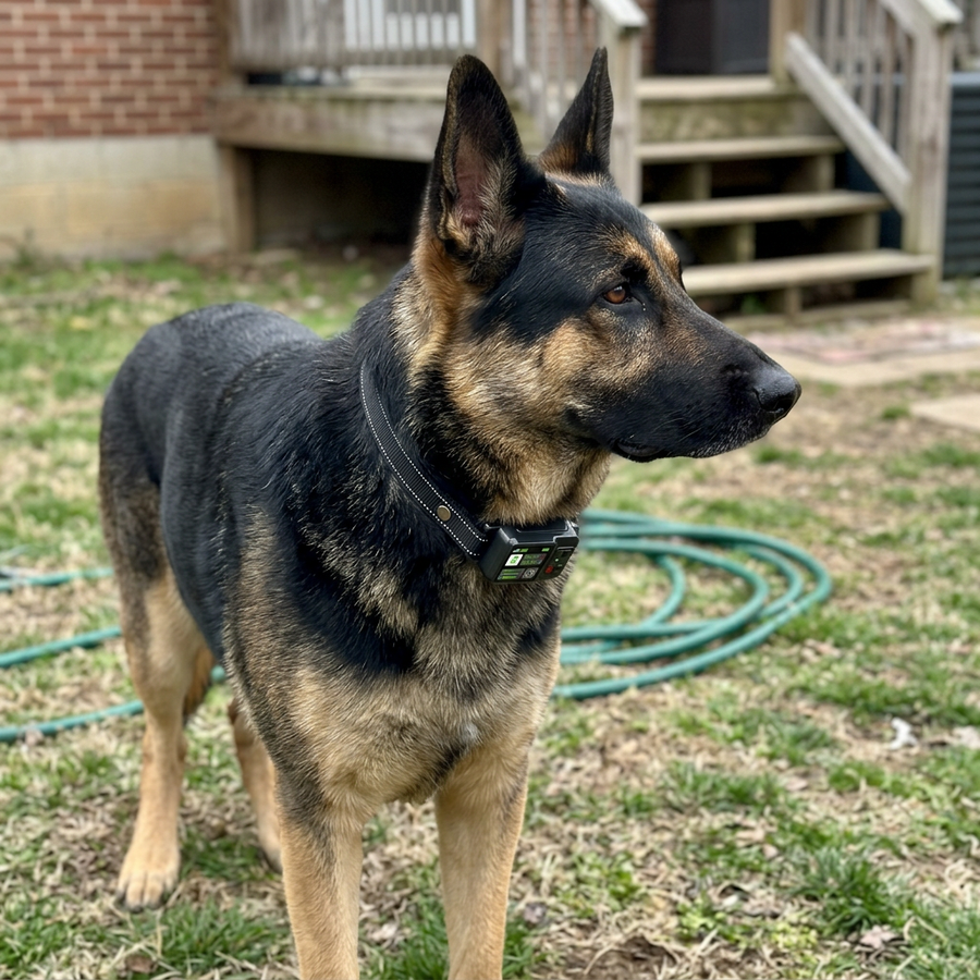 German Shepherd wearing the PawPerimeter GPS collar in an open backyard